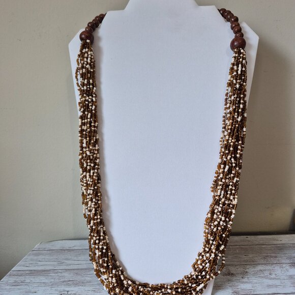 Unbranded Jewelry - NIB Multistrand Colorful Wood and Seed Beed Necklace Brown and Ivory Tones